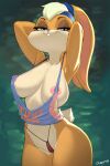  2021 anthro areola areola_slip baggy_clothing bedroom_eyes big_breasts blue_eyes bodily_fluids breasts clothed clothing english_text female hi_res lagomorph leporid lola_bunny looking_at_viewer looney_tunes mammal narrowed_eyes nipple_outline nipple_piercing nipples oughta piercing rabbit seductive side_boob solo sweat text text_on_clothing text_on_topwear topwear warner_brothers 