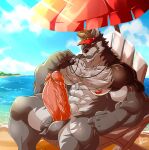  2020 5_fingers absurd_res anthro balls barazoku beach beach_umbrella big_balls big_muscles big_penis black_nose bottomless canid canine canis chest_tuft clothed clothing daikitei enigma_(daltenigma) erection fingers foreskin fur genitals grey_body grey_fur hat headgear headwear hi_res huge_muscles huge_penis humanoid_hands lifeguard looking_at_viewer male mammal muscular muscular_anthro muscular_male nipples partially_retracted_foreskin penis pink_nipples pink_penis seaside sitting solo topless tuft vein veiny_penis visor_cap water whistle wolf yellow_eyes 