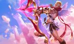  &gt;_o 1boy abs aiming angel_wings archery arrow_(projectile) bara bow_(weapon) bracer brown_hair closed_mouth cloud day flying glowing glowing_eyes greek_clothes heartseeker_varus highres holding holding_arrow holding_bow_(weapon) holding_weapon league_of_legends male_focus muscular muscular_male official_alternate_costume official_art one_eye_closed outdoors sandals short_hair sixmorevodka sky solo thighs varus weapon wings 