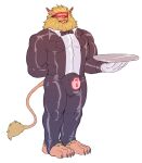  2021 4_toes anthro bandai_namco black_necktie black_tie_(suit) bow_tie bulge butler claws clothed clothing digimon digimon_(species) digital_drawing_(artwork) digital_media_(artwork) drone ear_piercing ear_ring feet felid fur glistening gloves handwear hi_res hyenaface hypnotic_visor leomon lion lock_bulge male mammal mane mind_control muscular muscular_male necktie padlock_symbol pantherine piercing platter rubber simple_background solo standing suit tight_clothing toe_claws toes visor waiter white_background white_clothing white_gloves white_handwear 