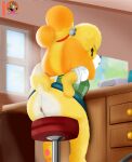  absurd_res animal_crossing anthro anus canid canine canis clothing domestic_dog female hi_res isabelle_(animal_crossing) looking_back mammal moon_pearl nintendo office raised_tail smile solo succubi_samus video_games 