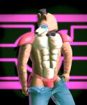  2021 abs absurd_res animatronic anthro athletic athletic_anthro athletic_male black_nose bottomwear brown_body bulge clothing denim denim_clothing eyes_closed five_nights_at_freddy&#039;s five_nights_at_freddy&#039;s:_security_breach freddy_(fnaf) glamrock_freddy_(fnaf) hi_res humanoid jeans jockstrap machine makeup male mammal morinkashi muscular muscular_anthro muscular_male pants pecs pectoral_bulge robot simple_background solo underwear ursid video_games 