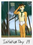  anthro ascot bottomwear briefs bulge cervid clothed clothing english_text flagpole forest fuze gesture hi_res male mammal navel nipples outside plant polaroid salute shorts solo text tighty_whities topless tree underwear underwear_only white_clothing white_underwear 