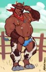  absurd_res anthro bandanna belly blue_hair bottomwear brown_body bulge chaps clothed clothing cowboy_hat hair hat headgear headwear hi_res horn kerchief male mammal marlon.cores mordechai muscular muscular_anthro muscular_male navel nipples partially_clothed pecs rhinocerotoid shorts solo 