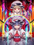  2girls ascot back_bow bangs bat_wings blonde_hair blue_hair blush bow bright_pupils brooch crystal fingernails flandre_scarlet frilled_shirt frilled_shirt_collar frilled_sleeves frills hair_between_eyes hat hat_ribbon highres jewelry laevatein_(touhou) looking_at_viewer mob_cap multiple_girls one_side_up outstretched_arms puffy_short_sleeves puffy_sleeves purple_ascot rainbow_gradient red_bow red_eyes red_ribbon red_skirt red_vest remilia_scarlet ribbon ribbon_trim ruby_(gemstone) sash sharp_teeth shirt short_hair short_sleeves siblings sisters skirt slit_pupils teeth touhou upper_body vest white_background white_pupils white_shirt wings wrist_cuffs yellow_ascot zounose 