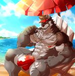  2020 5_fingers absurd_res anthro barazoku beach beach_umbrella big_muscles black_nose bulge canid canine canis chest_tuft clothed clothing daikitei enigma_(daltenigma) fingers fur genitals grey_body grey_fur hat headgear headwear hi_res huge_muscles humanoid_hands lifeguard looking_at_viewer male mammal muscular muscular_anthro muscular_male nipples penis penis_base pink_nipples pink_penis seaside sitting solo speedo swimwear topless tuft vein veiny_penis visor_cap water whistle wolf yellow_eyes 