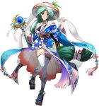  1girl absurdly_long_hair aqua_hair blue_kimono blush brown_eyes floating_hair full_body gradient_skirt hair_intakes highres holding holding_staff japanese_clothes kimono langrisser langrisser_iv long_hair long_sleeves looking_at_viewer low-tied_long_hair official_art open_mouth schelfaniel_(langrisser) shiny shiny_skin solo staff standing standing_on_one_leg tabi thighhighs transparent_background very_long_hair white_legwear wide_sleeves 