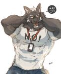  2021 anthro biceps bottomwear canid canine clothed clothing dark-dusk eyewear fur glasses hi_res male mammal muscular muscular_anthro muscular_male shirt simple_background solo text text_on_clothing text_on_shirt text_on_topwear topwear 