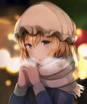  1girl blonde_hair blurry bokeh breath breathing_on_hands depth_of_field dress fumei_(mugendai) hat maribel_hearn medium_hair mob_cap open_mouth own_hands_together purple_dress purple_eyes red_ribbon ribbon scarf solo touhou 