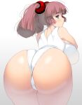  1girl absurdres ass ass_focus blue_eyes breasts closed_eyes cowboy_shot curvy from_behind highres huge_breasts large_breasts looking_at_viewer looking_back masao medium_hair original plump profile red_hair shiny shiny_skin solo standing swimsuit thighs twintails white_background white_swimsuit 