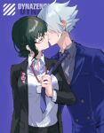  1boy 1girl absurdres anosillus_ii anti_(ssss.gridman) black_hair black_jacket black_pants blue_background blue_jacket blue_necktie breasts closed_mouth copyright_name glasses grey_shirt gridman_universe hair_bun heart hetero highres jacket kiss large_breasts musical_note name_tag necktie necktie_grab neckwear_grab nollipap pants shirt silver_hair ssss.dynazenon white_shirt 