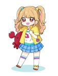  1girl :d aikatsu!_(series) bangs blue_skirt blush brown_hair carrying carrying_under_arm chibi colored_shadow commentary_request eyebrows_visible_through_hair flower full_body hair_ornament heart heart_hair_ornament hitomiz jacket looking_at_viewer multicolored_hair natsuki_mikuru open_clothes open_jacket orange_flower over-kneehighs pink_hair plaid plaid_skirt pleated_skirt puffy_short_sleeves puffy_sleeves red_eyes shadow shirt shoes short_sleeves skirt smile solo sparkling_eyes star_(symbol) star_hair_ornament streaked_hair thighhighs two_side_up v-shaped_eyebrows white_background white_legwear white_shirt yellow_jacket 