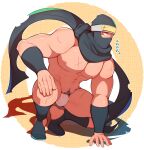  1boy abs absurdres bara black_scarf bulge cross_scar crow_(siranui) forehead_protector full_body fundoshi highres japanese_clothes large_pectorals male_focus male_pubic_hair mask mouth_mask muscular muscular_male navel ninja ninja_(crow) ninja_mask nipples original pectorals pubic_hair pubic_hair_peek scar scar_on_arm scar_on_chest scarf solo squatting stomach thick_thighs thighs topless_male translated 