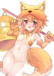  1girl :d animal_ear_fluff animal_ears animal_hands bangs bare_shoulders bell blonde_hair blush bottomless breasts commentary_request criss-cross_halter eyebrows_visible_through_hair fake_animal_ears fang feet_out_of_frame fox_ears fox_hat fox_tail groin hair_between_eyes halter_top halterneck hands_up highres holding holding_staff long_hair looking_at_viewer medium_breasts moonlight_flower navel ragnarok_online red_eyes simple_background smile solo staff standing standing_on_one_leg tail unname white_background yellow_headwear 