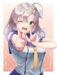  1girl ahoge blue_ribbon border eyebrows_visible_through_hair green_eyes grey_hair hair_ribbon highres index_finger_raised kantai_collection kinugasa_(kancolle) koi_dance light_blush long_hair looking_at_viewer necktie one_eye_closed open_mouth outstretched_arm remodel_(kantai_collection) ribbon school_uniform serafuku shirt short_sleeves simple_background soba_chatarou_(tita) white_border white_shirt yellow_necktie 