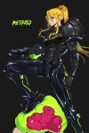  1girl absurdres alternate_color arm_cannon armor bangs blonde_hair blue_eyes gun highres hotke long_hair looking_at_viewer metroid metroid_(creature) metroid_dread mole mole_under_mouth ponytail power_armor power_suit samus_aran science_fiction simple_background solo weapon 