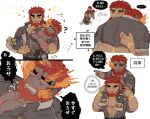  2boys bara beard carrying carrying_over_shoulder carrying_person chibi chibi_inset clenched_teeth collage dark-skinned_male dark_skin eyebrow_cut facial_hair fiery_hair flaming_eye frown hephaestus_(housamo) hug large_pectorals male_focus mature_male multiple_boys muscular muscular_male pectoral_cleavage pectorals piggyback princess_carry prosthesis prosthetic_leg red_eyes short_hair sleeping sleeping_on_person talos_(housamo) teeth thick_eyebrows tokyo_afterschool_summoners tora_d translation_request unzipped 