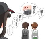  ... 3g45 bangs baseball_cap black_hair black_headwear black_skirt blouse blunt_bangs cocoa_(cocoa0191) commentary_request dress_shirt from_behind girls_und_panzer green_skirt grey_shirt hat kuromorimine_school_uniform long_hair long_sleeves looking_at_another miniskirt mother_and_daughter nishizumi_maho nishizumi_miho nishizumi_shiho notice_lines ooarai_school_uniform partial_commentary pleated_skirt sailor_collar school_uniform serafuku shirt short_hair siblings simple_background sisters skirt spoken_ellipsis standing straight_hair translated white_background white_sailor_collar 