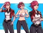  1girl abs arm_tattoo artist_name blushy-pixy breasts cleavage commentary crossed_arms ear_piercing english_commentary eyebrow_cut facial_tattoo freckles goggles goggles_on_head grey_eyes hair_between_eyes hand_in_pocket highres jacket league_of_legends looking_at_viewer medium_breasts midriff multiple_views navel neck_tattoo nose_piercing one_eye_closed open_mouth pants piercing pink_hair scar short_hair short_sleeves smile tattoo teeth tongue tongue_out vi_(league_of_legends) watermark 