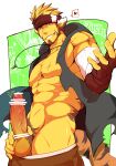  1boy abs animal_ears bandaged_arm bandages bar_censor bara bare_pectorals beckoning blonde_hair body_fur censored check_copyright clothes_pull copyright_request crow_(siranui) erection facial_hair feet_out_of_frame from_side goatee grin headband heart highres jacket jewelry large_pectorals large_penis looking_at_viewer male_focus male_underwear male_underwear_peek male_underwear_pull mature_male muscular muscular_male navel necklace nipples open_clothes open_jacket original outstretched_hand pants pants_pull pectorals penis scar scar_on_chest seductive_smile short_hair sideburns sleeveless sleeveless_jacket smile solo spoken_heart stomach tail thick_thighs thighs tiger_boy tiger_ears tiger_tail underwear white_male_underwear yellow_fur 