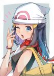  1girl ;o bag beanie black_hair black_shirt blue_eyes blush bracelet commentary_request dawn_(pokemon) duffel_bag eyelashes from_side hair_ornament hairclip hat highres jewelry kimura_mitsuki long_hair looking_to_the_side notice_lines one_eye_closed open_mouth pokemon pokemon_(game) pokemon_dppt red_scarf scarf shirt sidelocks sleeveless sleeveless_shirt solo tearing_up tongue upper_body white_headwear yellow_bag 