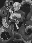  1boy azul_ashengrotto blush breasts dress_shirt glasses greyscale hair_ribbon highres looking_at_another low_ponytail male_focus medium_breasts monochrome monster_boy octopus_boy parted_lips restrained ribbon shirt tentacles tkbnmnm toned toned_male twisted_wonderland underwater yuu_(twisted_wonderland) 