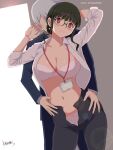  1boy 1girl anosillus_ii anti_(ssss.gridman) black_hair black_pants blue_jacket bra breasts cleavage commentary_request formal glasses gridman_universe jacket long_sleeves looking_at_viewer name_tag navel niwatori_kokezou open_clothes open_shirt panties pants pink_bra pink_panties red_eyes shirt signature silver_hair smle ssss.dynazenon suit underwear unzipped white_shirt 