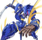  1990s_(style) blue_one gamiani_zero glowing glowing_eyes holding holding_sword holding_weapon looking_at_viewer majestic_prince mecha no_humans open_hand retro_artstyle science_fiction solo sword weapon white_background yellow_eyes 