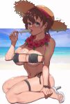  1girl absurdres akaboshi_koume bangs beach bikini black_bikini black_ribbon blue_eyes blue_sky breasts brown_hair brown_headwear commentary day dripping eating eyepatch_bikini flower flower_necklace food full_body girls_und_panzer hat high_heels highres holding holding_food horizon jewelry large_breasts looking_at_viewer navel necklace ocean outdoors popsicle ribbon sandals short_hair side-tie_bikini sitting sky solo straw_hat sun_hat sweat swimsuit takefu_jiin thigh_strap twitter_username wariza wavy_hair white_footwear wrist_ribbon 