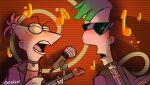  alternate_costume artist_request electric_guitar ferb_fletcher green_hair guitar instrument microphone music musical_note phineas_and_ferb phineas_flynn red_hair singing 