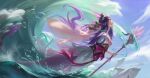  1girl animal arm_at_side armor breasts cleavage day detached_sleeves dolphin dorothyshan english_commentary flower from_side hair_ornament head_fins headgear highres holding holding_staff hydrokinesis league_of_legends long_hair looking_away mermaid monster_girl nami_(league_of_legends) ocean orb outdoors pauldrons planetary_ring profile purple_eyes robe sash shoulder_armor sky solo splendid_staff_nami staff tassel vastaya very_long_hair water waves wet 