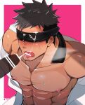  2boys abs bar_censor bara bare_pectorals black_hair blindfold blush censored crow_(siranui) cum cum_in_mouth erection facial facial_hair goatee grey_hair highres invisible_penis male_focus mature_male multicolored_hair multiple_boys muscular muscular_male nipples open_clothes open_shirt original pectorals short_hair sideburns solo_focus stomach sweat tong two-tone_hair undercut upper_body yaoi 