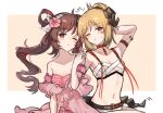  2girls ;/ animal_ears antenna_hair arknights arm_strap arm_up armpits bangs bare_shoulders bikini blonde_hair blush border breasts brown_hair choker cleavage closed_mouth collarbone demon_girl demon_horns demon_tail detached_sleeves dress eyebrows_visible_through_hair eyjafjalla_(arknights) eyjafjalla_(summer_flowers)_(arknights) feathers flower goat_ears goat_girl goat_horns hair_bun hair_flower hair_ornament hibiscus highres holding_hands horns ifrit_(arknights) ifrit_(sunburn)_(arknights) looking_at_viewer mabing motion_lines multiple_girls navel official_alternate_costume orange_background orange_eyes oripathy_lesion_(arknights) outside_border parted_bangs pink_bikini pink_flower purple_eyes red_choker short_hair short_sleeves side_ponytail simple_background sitting small_breasts stomach strapless strapless_bikini swimsuit tail white_border white_dress 