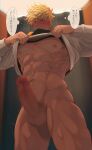  1boy abs absurdres alternate_pectoral_size bangs bara bare_pectorals blonde_hair blush bottomless bouncing_penis crow_(siranui) erection feet_out_of_frame from_below granblue_fantasy green_eyes highres large_pectorals large_penis lifted_by_self long_sleeves looking_at_viewer male_focus male_pubic_hair motion_blur muscular muscular_male naked_shirt navel nipples pectorals penis pubic_hair shirt short_hair sideburns solo stomach sweatdrop testicles thick_thighs thighs translated undercut vane_(granblue_fantasy) white_shirt 