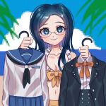  1girl bangs black_jacket black_neckerchief blue_eyes blue_sailor_collar blue_skirt breasts cleavage clothes_removed collarbone danganronpa_(series) danganronpa_s:_ultimate_summer_camp esu_(tasoesu) frills glasses grey_shirt highres holding holding_clothes jacket large_breasts looking_at_viewer navel neckerchief ocean palm_tree sailor_collar shiny shiny_hair shirogane_tsumugi shirt skirt smile solo stomach tree upper_body white_shirt 