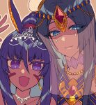  2girls bangs blue_eyes crown dark-skinned_female dark_skin eyebrows_behind_hair eyebrows_visible_through_hair fate/grand_order fate_(series) hair_between_eyes hair_ornament highres jewelry long_hair looking_at_viewer multiple_girls naganegi necklace nitocris_(fate) nitocris_(swimsuit_assassin)_(fate) open_mouth pointy_ears purple_eyes purple_hair scheherazade_(fate) smile swimsuit upper_body veil 