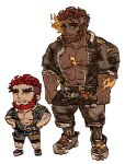  2boys bara beard chibi dark-skinned_male dark_skin derivative_work eyebrow_cut facial_hair flaming_eye full_body hephaestus_(housamo) jacket large_pectorals looking_at_viewer male_focus mature_male multiple_boys muscular muscular_male open_clothes open_jacket pants pants_rolled_up pectoral_cleavage pectorals prosthesis prosthetic_leg red_eyes scar scar_on_chest short_hair sleeves_rolled_up talos_(housamo) thick_eyebrows tokyo_afterschool_summoners tora_d translation_request unzipped 