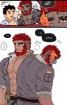  2boys bara beard dark-skinned_male dark_skin eyebrow_cut facial_hair flaming_eye frown hephaestus_(housamo) large_pectorals male_focus master_3_(housamo) mature_male multiple_boys muscular muscular_male pectoral_cleavage pectorals red_eyes short_hair sleeves_rolled_up smile talos_(housamo) thick_eyebrows thought_bubble tokyo_afterschool_summoners tora_d translation_request undercut unzipped upper_body 