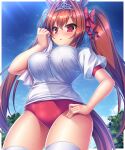  1girl animal_ears bangs breasts brown_hair buruma commentary daiwa_scarlet_(umamusume) eyebrows_visible_through_hair gym_uniform hair_between_eyes hand_on_hip horse_ears horse_tail large_breasts long_hair looking_at_viewer red_eyes solo tail takeponi thighs tiara towel twintails umamusume 