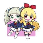  2girls :d :o aikatsu! aikatsu!_(series) bangs blonde_hair blue_jacket blue_legwear blush boots chibi drill_hair eyebrows_visible_through_hair fang green_eyes grey_hair hair_between_eyes hair_ribbon highres hitomiz hoshimiya_ichigo jacket knee_boots kneehighs long_hair long_sleeves multiple_girls pink_background pleated_skirt red_eyes red_ribbon ribbon shirt skirt smile starlight_academy_uniform toudou_yurika twin_drills twintails two-tone_background very_long_hair white_background white_footwear white_shirt white_skirt 