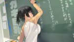  1girl arm_up board_eraser breast_press breasts chalkboard classroom commentary_request convenient_breasts from_side highres indoors kaedeko_(kaedelic) large_breasts long_sleeves original red_eyes saki_sasaki_(kaedeko) shirt short_hair signature solo translation_request twintails upper_body wiping 