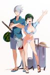  1boy 1girl :d absurdres anosillus_ii anti_(ssss.gridman) bikini bikini_under_clothes blue_eyes blue_shirt bokken breasts cleavage closed_mouth collarbone commentary_request crossed_arms dark_green_hair earrings fang food fruit glasses grey_shorts gridman_universe hair_over_one_eye hat hat_removed headwear_removed heart heart_earrings highres jewelry large_breasts looking_at_viewer sakamoto_(ojiojiojisanda) sandals shirt short_hair short_sleeves shorts side-tie_bikini sidelocks silver_hair smile spiked_hair ssss.dynazenon string_bikini suitcase sun_hat swimsuit sword tied_shirt watermelon waving weapon white_background white_bikini wooden_sword 