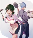  1boy 1girl :d anosillus_ii anti_(ssss.gridman) apron blue_eyes blue_pants book breasts commentary_request dark_green_hair earrings frying_pan grey_shirt gridman_universe hair_bun heart heart_earrings highres holding holding_book holding_frying_pan holding_ladle jewelry ladle large_breasts leaning_forward looking_at_viewer musical_note musical_note_print pants pink_apron purple_apron red_eyes sakamoto_(ojiojiojisanda) shirt short_hair sidelocks silver_hair smile spiked_hair ssss.dynazenon white_shirt 