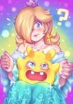  1girl ? aqua_dress bare_shoulders blonde_hair blue_eyes blush closed_mouth collarbone crown dress earrings flying_sweatdrops fusion hair_over_one_eye highres jewelry long_hair luma_(mario) mario_(series) mario_+_rabbids_sparks_of_hope nail_polish on_lap open_mouth print_dress purple_nails rabbid rabbid_luma raving_rabbids rosalina sparkle star_(symbol) star_earrings star_print teeth tiara 