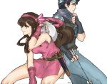  1boy 1girl asaello_(fire_emblem) black_hair brown_hair daisy_(fire_emblem) fire_emblem fire_emblem:_genealogy_of_the_holy_war hair_ornament long_hair siblings simple_background source_request spiked_hair ud01f weapon 