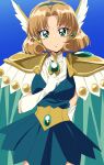  1990s_(style) 1girl absurdres armor bangs blue_background breasts bright_pupils cape clenched_hand commission dress eyebrows_visible_through_hair gloves green_cape green_dress green_eyes head_wings highres hououji_fuu looking_at_viewer magic_knight_rayearth medium_breasts oimanji parted_bangs pauldrons retro_artstyle short_hair shoulder_armor skeb_commission smile solo white_gloves white_pupils 