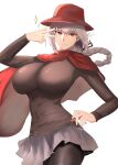  1girl absurdres aya_roushi bangs breasts brown_legwear brown_shirt commission fate/grand_order fate_(series) florence_nightingale_(fate) grey_skirt hat heroic_spirit_traveling_outfit highres large_breasts long_hair long_sleeves looking_at_viewer pantyhose pink_hair red_eyes red_headwear red_scarf scarf shirt simple_background skeb_commission skirt solo sparkle w white_background 