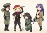  4girls anger_vein bangs belt beret big_boss big_boss_(cosplay) black_belt black_bra black_coat black_footwear black_gloves black_headband black_pants blonde_hair blue_eyes blush bodysuit boots bra braid braided_ponytail breasts brown_bodysuit brown_eyes brown_hair character_request check_character closed_mouth coat commentary_request cosplay earpiece elbow_gloves eyebrows_visible_through_hair flat_chest fuka_(kantoku) full_body gloves goggles goggles_around_neck goshiki_agiri green_eyes green_jacket green_pants gun handgun hat headband highres holding holding_gun holding_weapon holster jacket kill_me_baby long_hair looking_at_viewer looking_to_the_side medium_breasts metal_gear_(series) metal_gear_solid_3 military military_hat military_uniform multiple_girls naked_snake naked_snake_(cosplay) necktie one_eye_closed one_knee open_bodysuit open_mouth oribe_yasuna pants purple_eyes purple_hair red_hair red_headwear red_necktie revolver revolver_ocelot revolver_ocelot_(cosplay) salute short_hair simple_background small_breasts smile sonya_(kill_me_baby) spinning_weapon star_(symbol) the_boss the_boss_(cosplay) underwear uniform unused_character weapon 