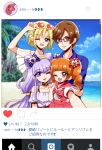  2boys 2girls ;d aisaki_emiru aisaki_masato blue_eyes choker eyewear_on_head fake_screenshot group_picture hand_on_another&#039;s_shoulder hand_on_another's_shoulder highres hugtto!_precure instagram island multiple_boys multiple_girls one_eye_closed open_mouth precure red_eyes reira_(reomimi0211) ruru_amour self_shot shore smile sunglasses wakamiya_henri 