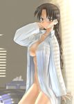  black_eyes black_hair bottomless breasts glasses hoshina_tomoko long_hair long_sleeves medium_breasts naked_shirt open_clothes open_shirt shirt solo tissue_box to_heart tsuina 